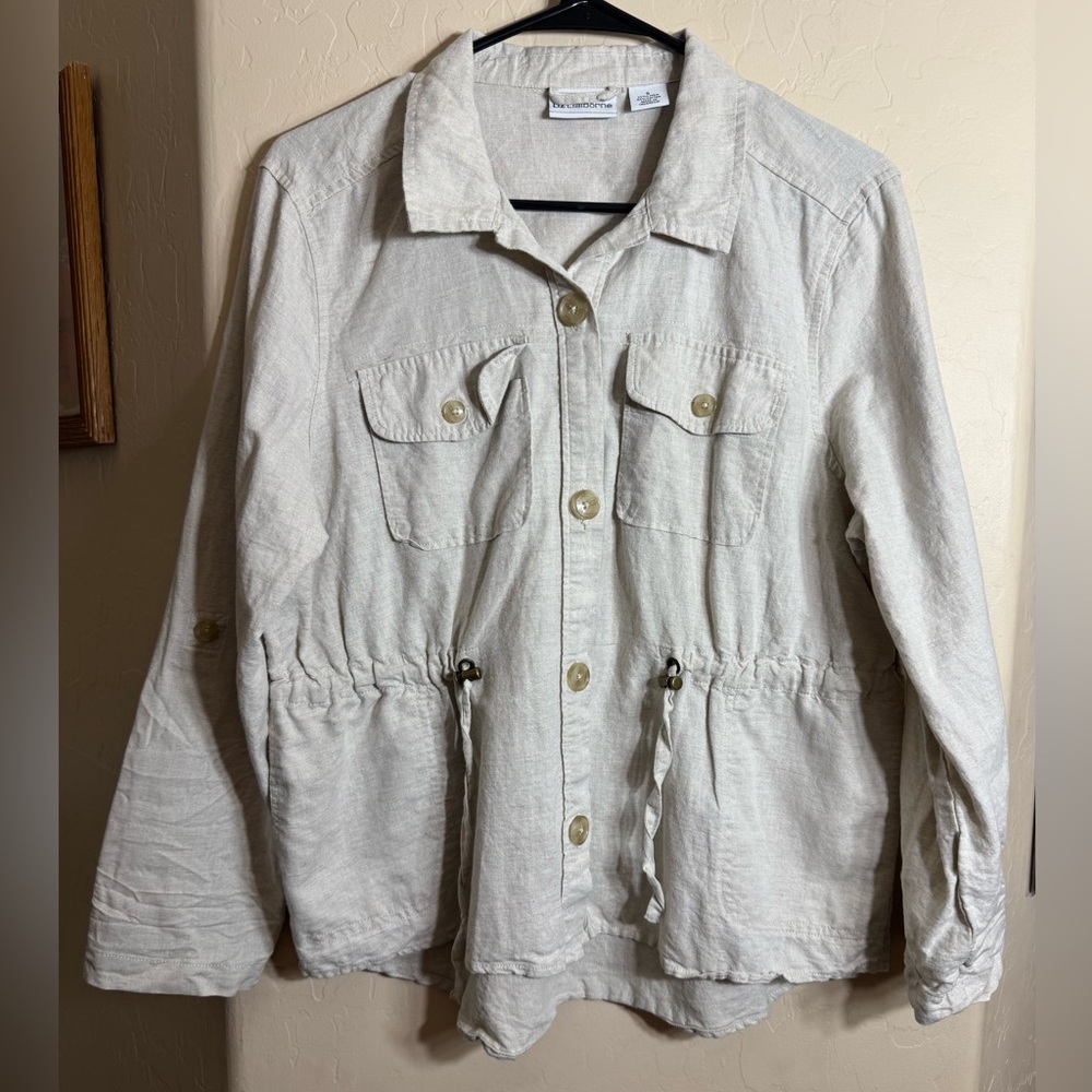 Liz Claiborne Linen Utility Jacket Drawstring Waist Button Front Lightweight